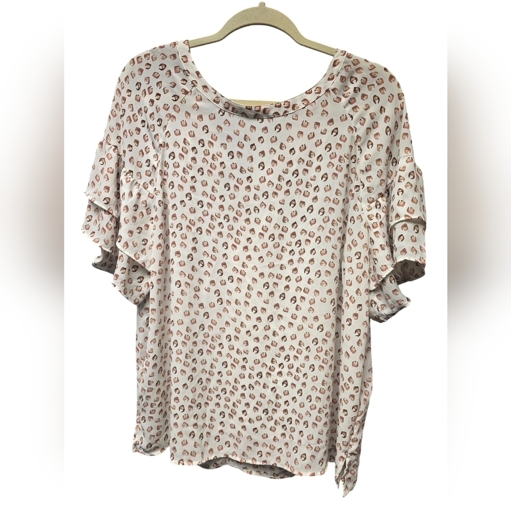 LOFT OUTLET  Ivory Brown Patterned Flutter Sleeve Blouse Sz. XL